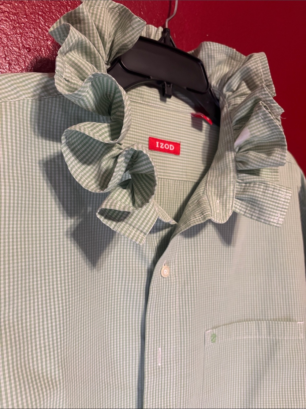 Upcycled/Reloved Izod Light Green Micro-Stripe Ruffled Collar Shirt